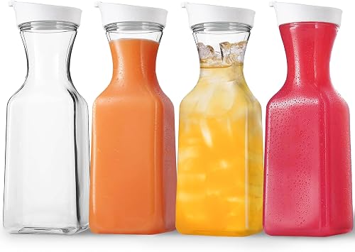 Plastic Water Pitcher With Lid - Square Carafe Pitchers for Drinks, Milk, Smoothie, Iced Tea, Mimosa Bar Supplies - BPA-Free - NOT DISHWASHER SAFE 4-Pack, 32 Ounce