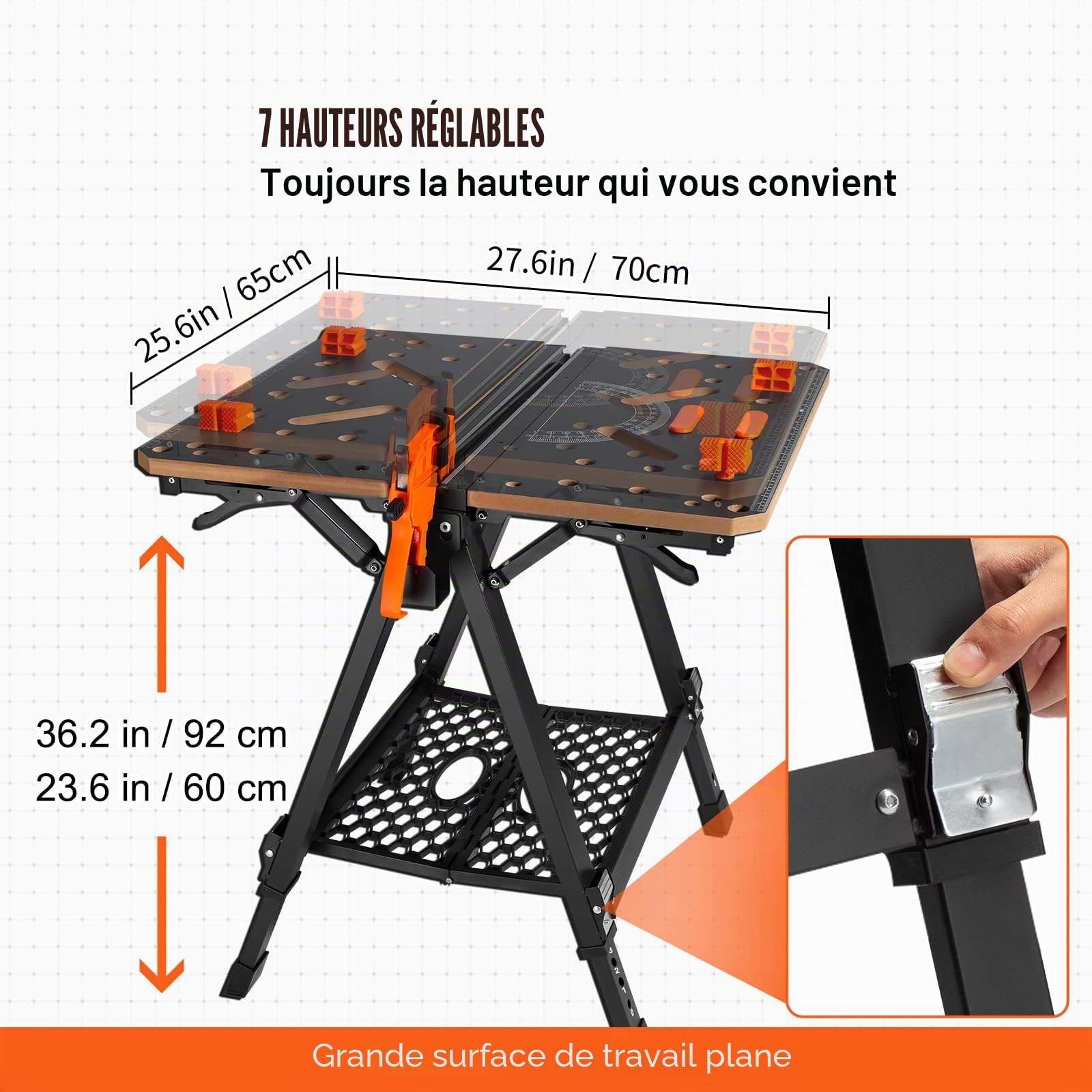 VEVOR Établi Pliant 2 en 1 Table de Travail Utilisable comme Chevalet Scie Charge 454 kg 7 Hauteurs Réglables Pieds Acier Support Outils Pince Rapide 4 Griffes Serrage 2 Crochets pour Garage Atelier