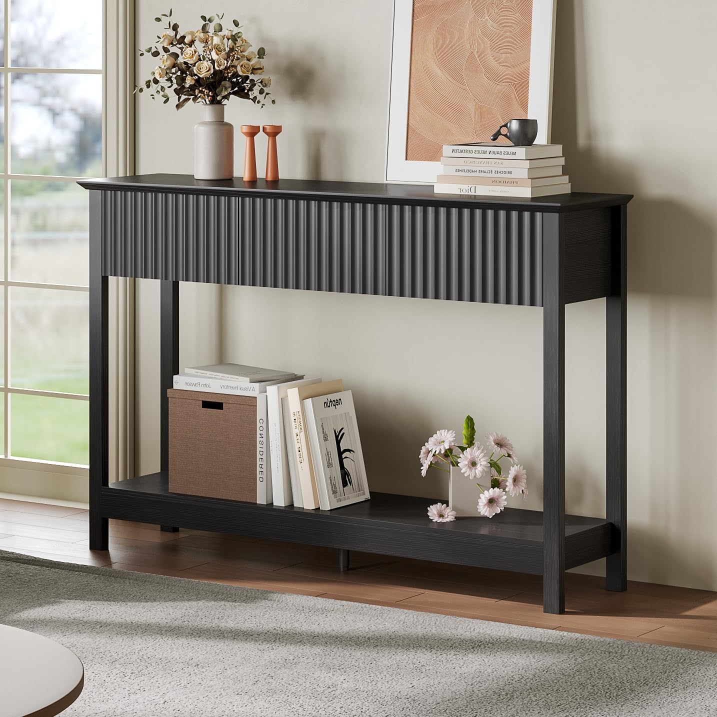 Treocho 47" Fluted Console Table with 3 Drawers, Narrow Long Entryway Table with Storage and Shelf, 2-Tier Sofa Table Behind Couch Accent Tables for Entrance Foyer, Hallway, Living Room, Black
