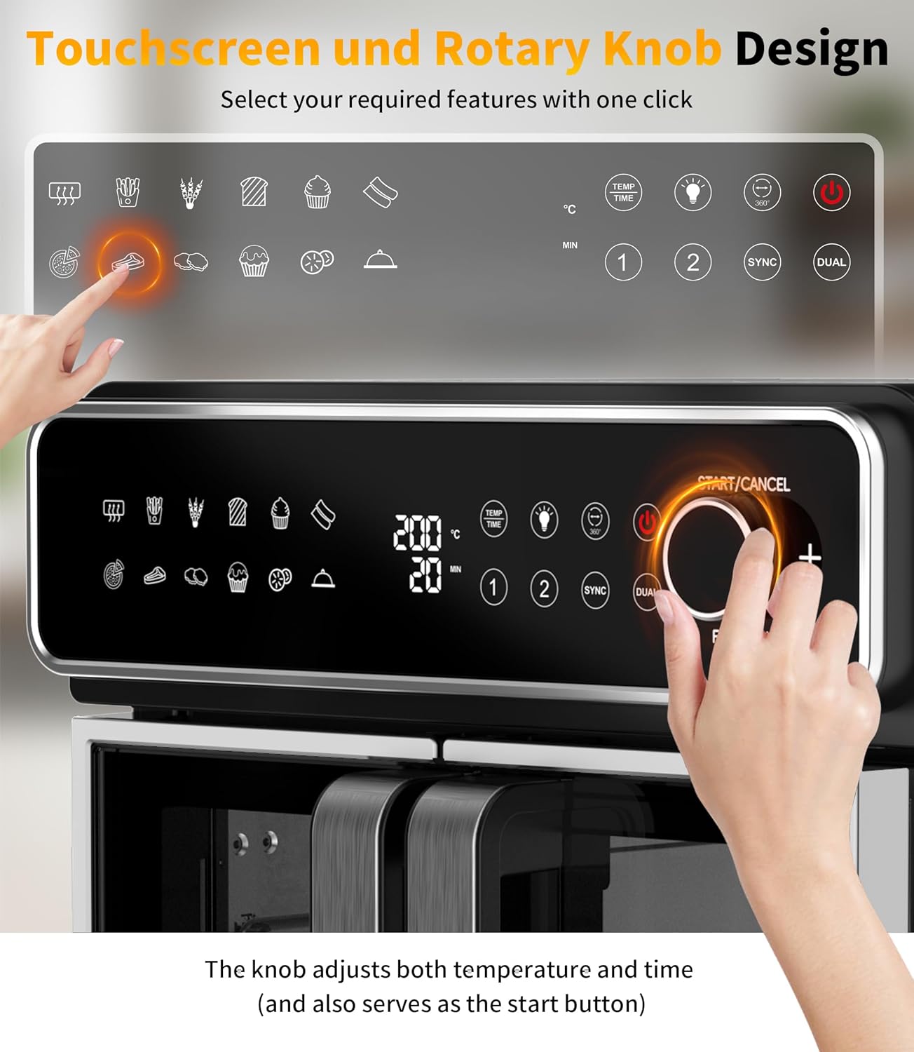 Close-up of the Emphsism air fryer oven's control panel, showing the touchscreen and rotary knob.