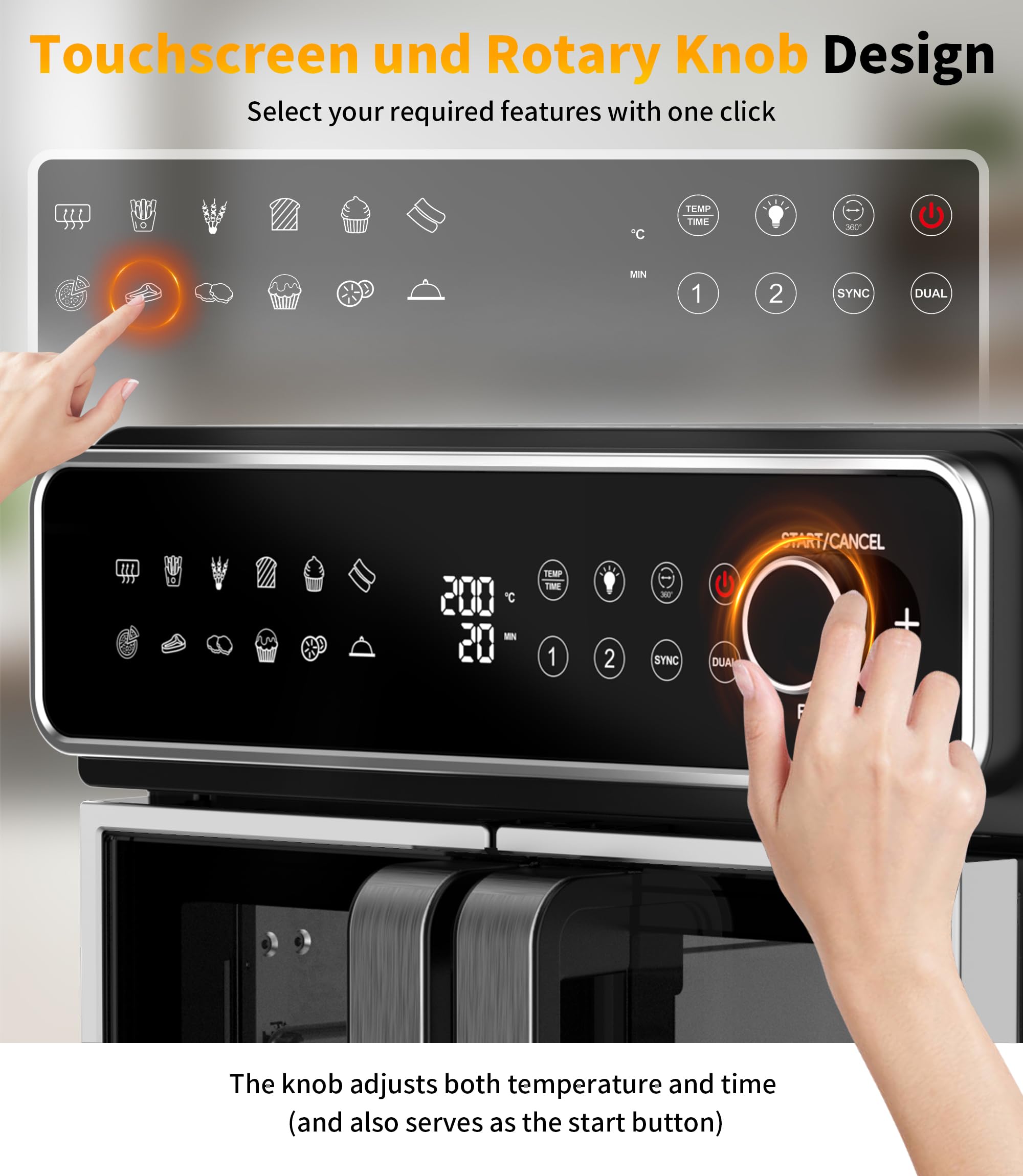 Friteuse à air chaud 23L Mini Four – Zone simple/double réglable, 2600W Airfryer avec Bouton rotatif & Écran tactile, 12 programmes, Intérieur en acier inoxydable, 13 accessoires & livre de recettes