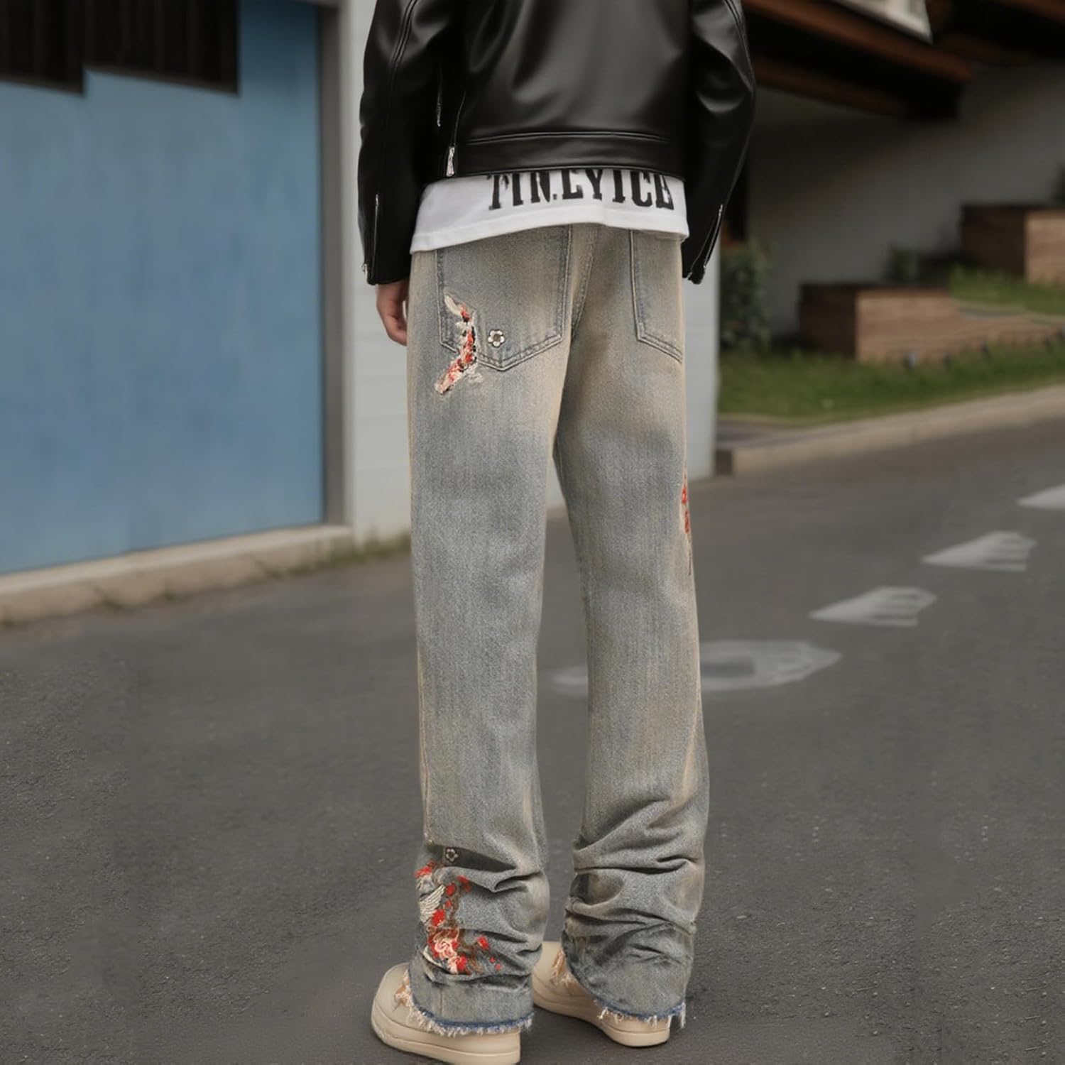 Floral Embroidered Jeans for Men Straight Leg Y2k Vintage Washed Stretch Denim Pants Raw Hem Hip Hop Street Trousers - Image 2