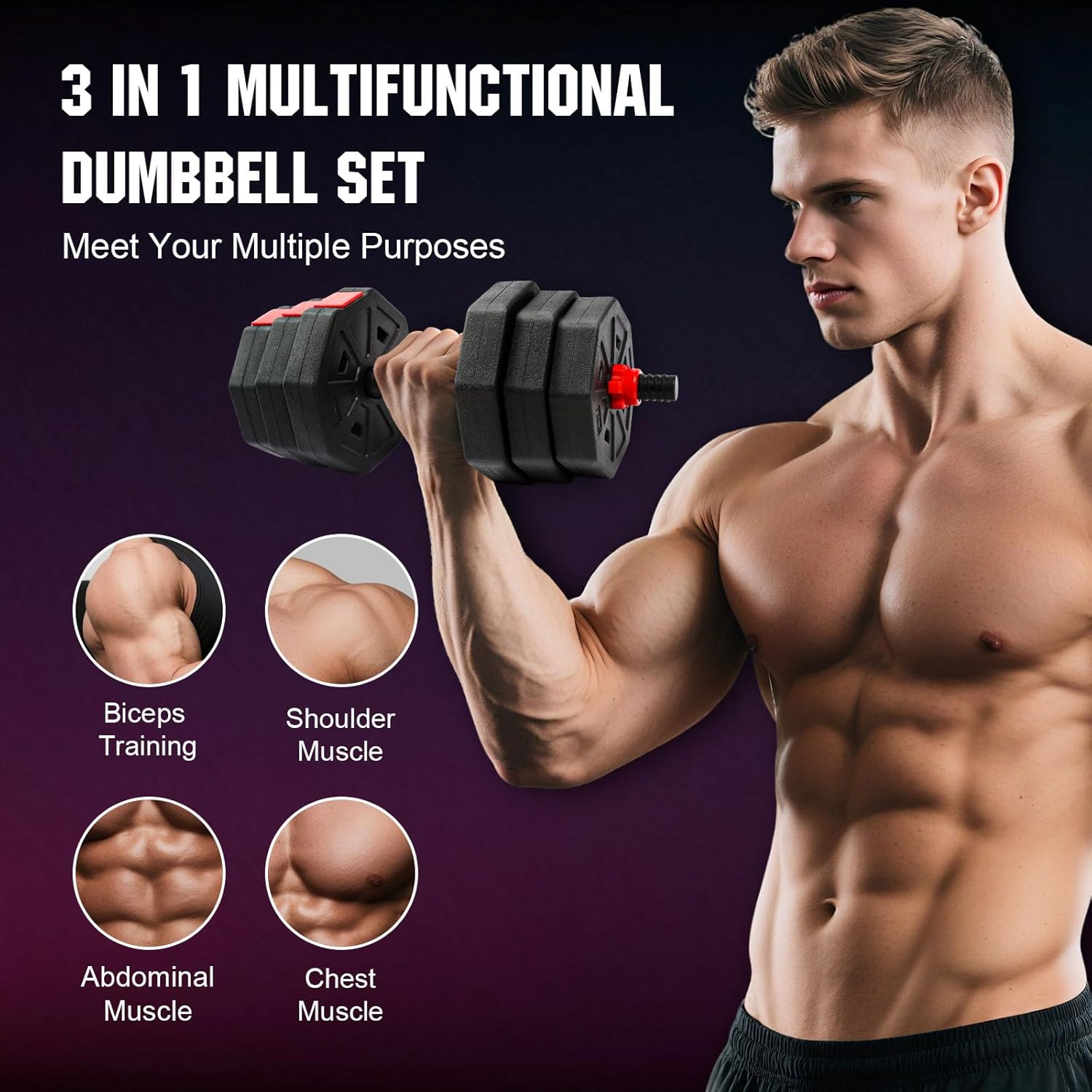 Adjustable Dumbbell Set, 44lbs Free Weights Dumbbells, 3 in1 Weight Set,Dumbbell, Barbell, Push-up, Home Gym Fitness Workout Equipment for Men Women