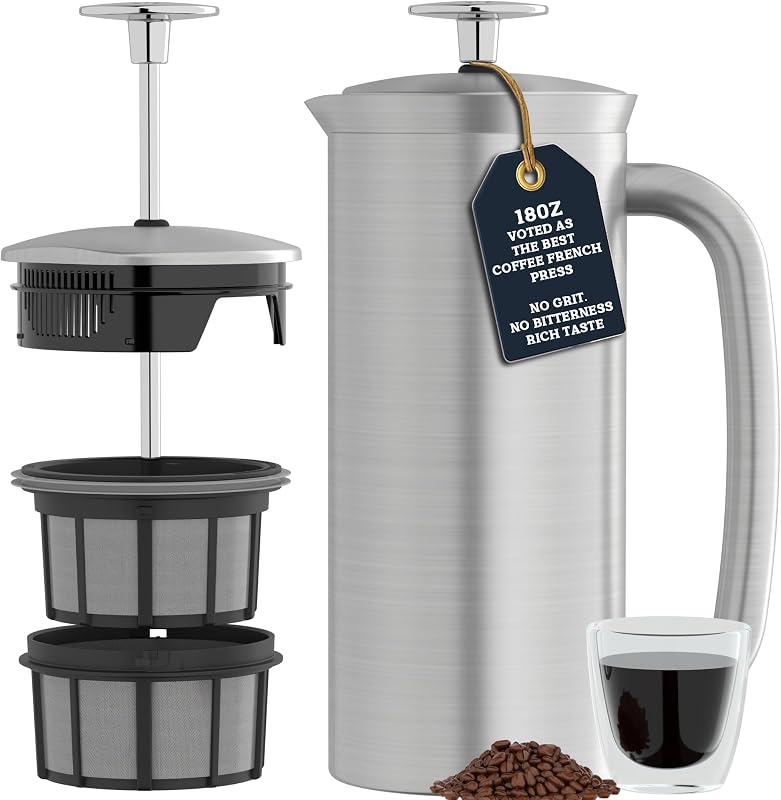 P7 French Press, 18oz, Brushed, Stainless Steel Coffee Maker | Double Filter Coffee Press, Grit-Free Coffee, Heat Resistant Insulated tea Press, Easy Hot and Cold Coffee Brewer, Tea Brewer