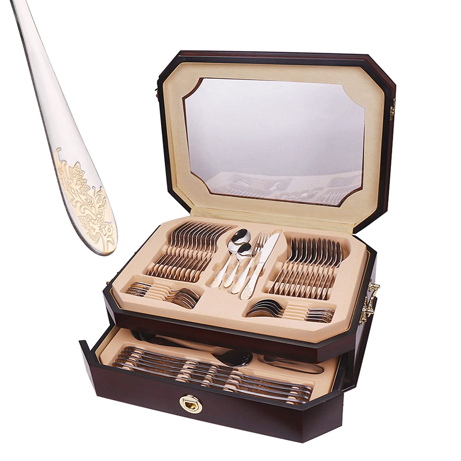 Juego de Cubiertos para 12 Personas, Acero Inoxidable, con Tallado Exquisito y Caja de Madera, vajilla (Flores 72 Piezas)
