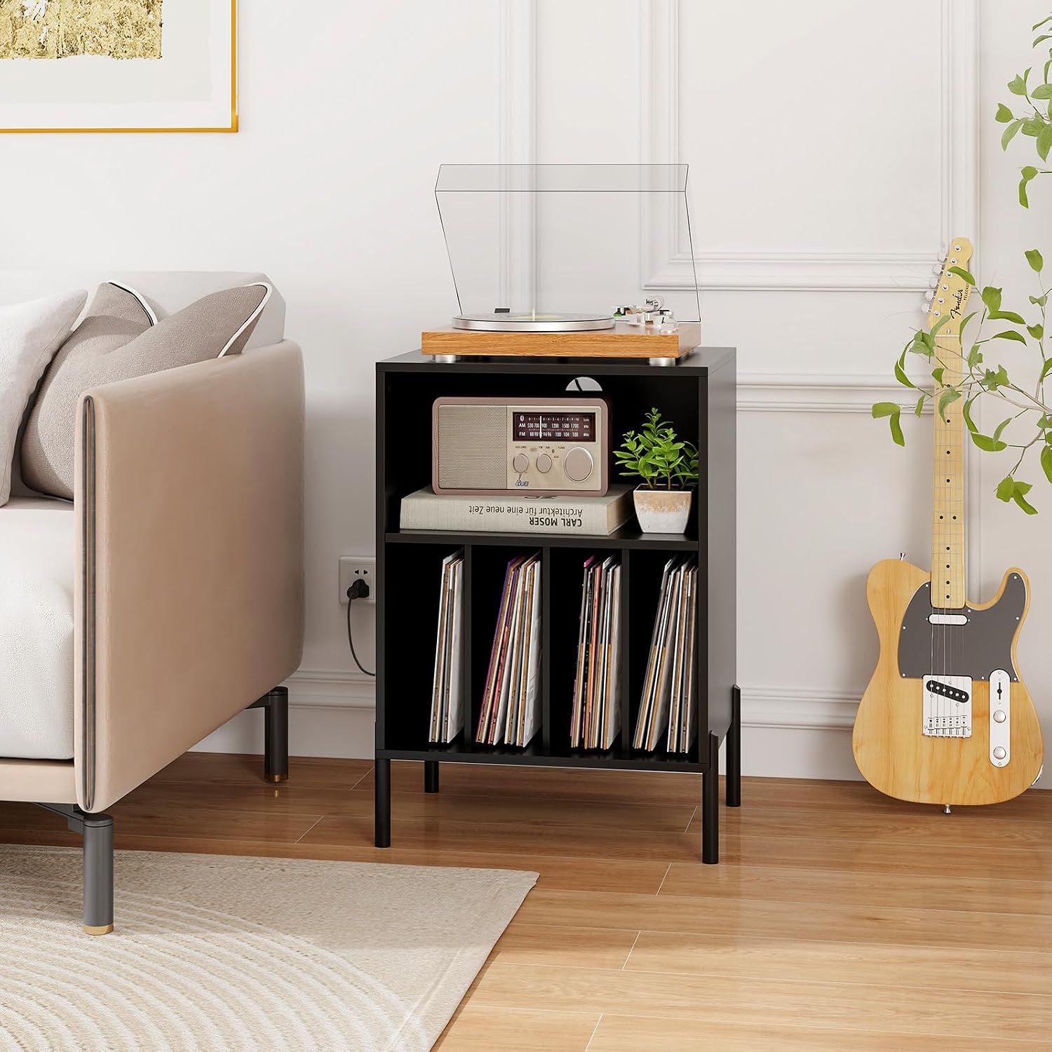 Giantex Record Player Stand with Charging Station, Turntable Stand with Storage Cabinet, Record Player Shelf with Metal Legs, Vinyl Record Storage up to 150 Albums for Living Room, Bedroom (Black)