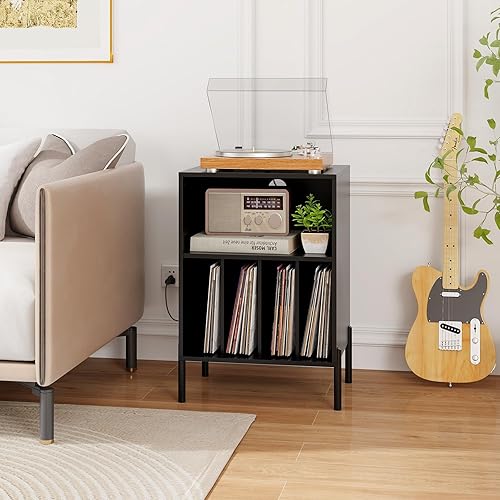 Miniatura 2 de Giantex Soporte para tocadiscos con estación de carga, soporte para tocadiscos con armario de almacenamiento, estante para tocadiscos con patas de