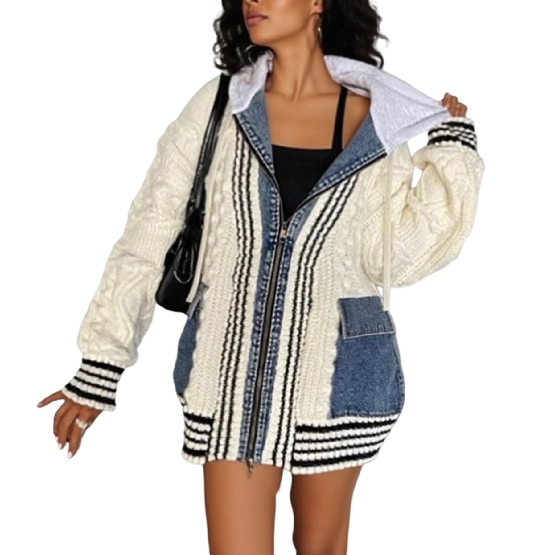 LKOUS Denim Pockets Cardigan Sweaters for Women Casual Zipper Open Front Patchwork Knit Sweater Jacket with Hooded