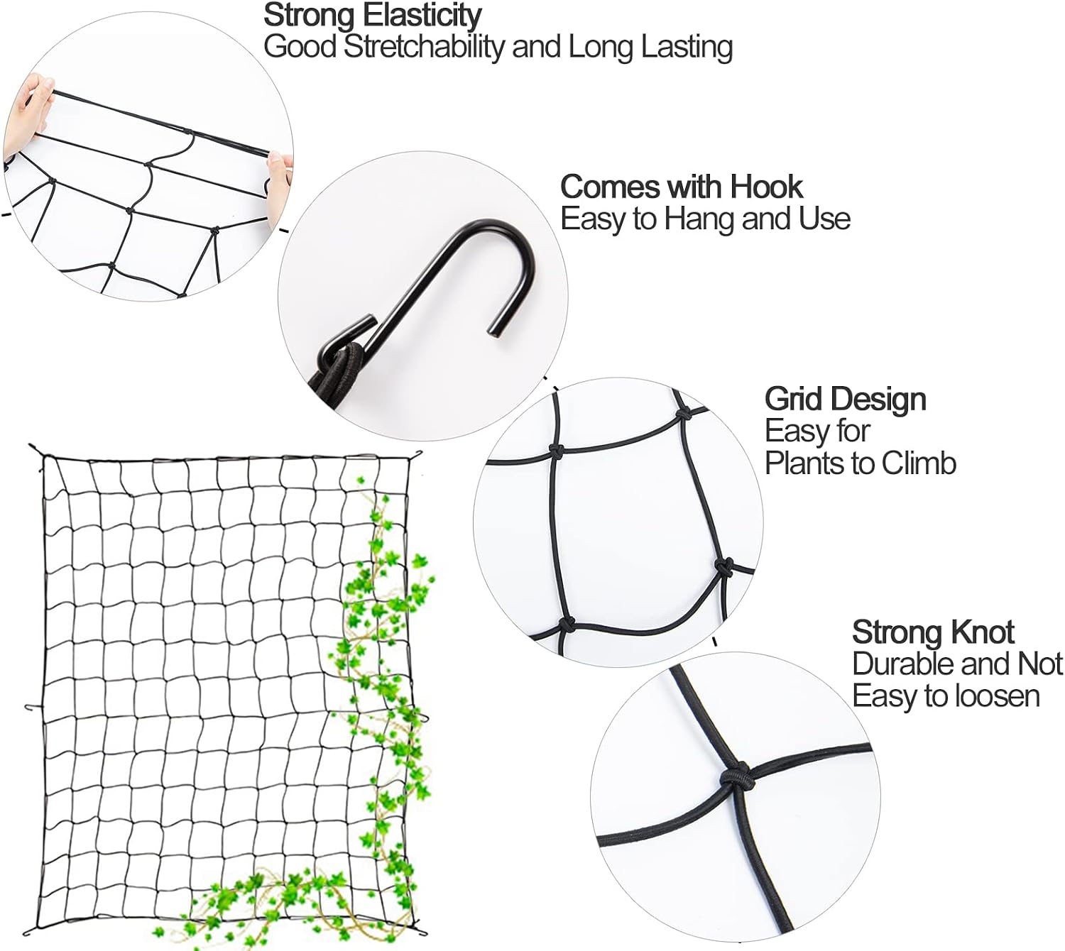 Trellis Net for Grow Tent - 4x4ft Scrog Net with 6 Hooks, 4in Mesh Elastic Flexible Trellises Netting for Indoor Plant Growing