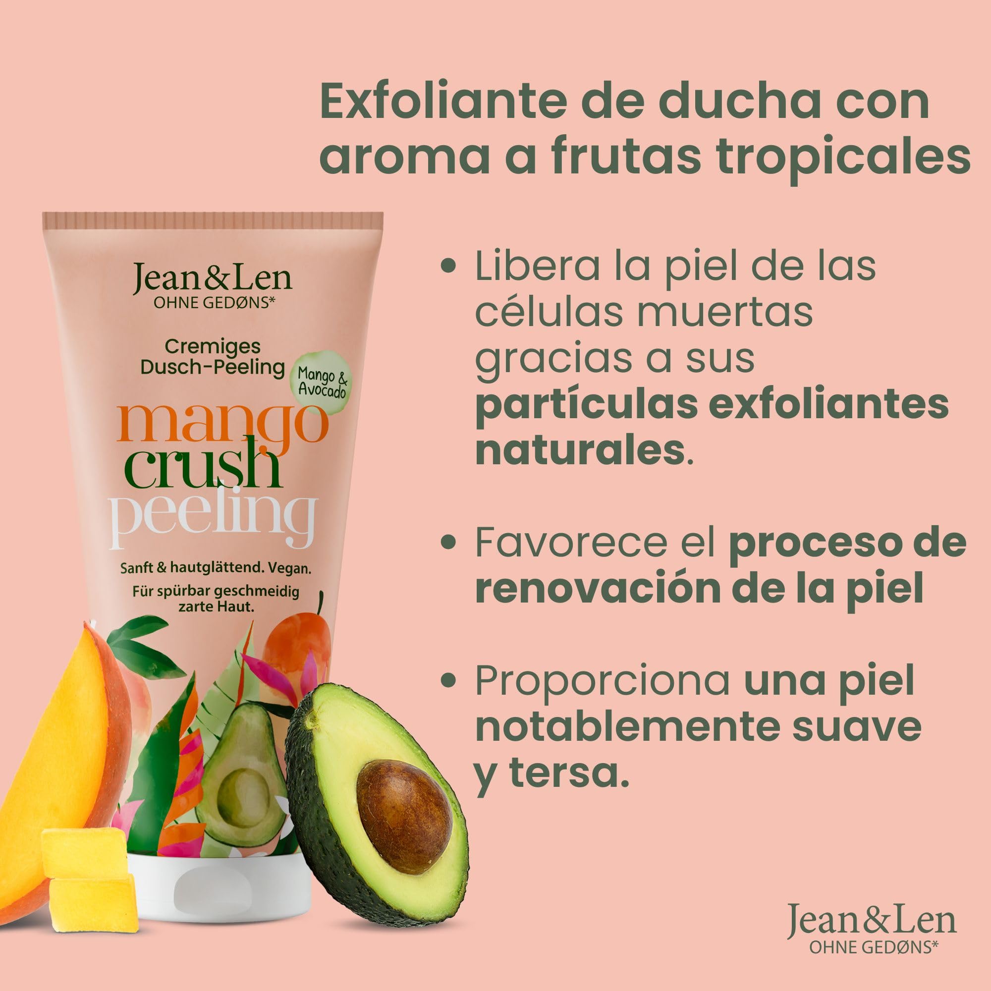 Jean & Len exfoliante de ducha mango y aguacate, con agentes exfoliantes naturales, limpieza suave, previene vellos encarnados, sin microplásticos ni siliconas, exfoliante corporal vegano, 200 ml
