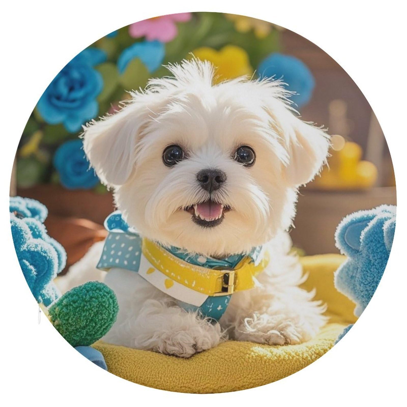 FekiLoot - Round Maltese Puppy Chair Cushion Round Memory Foam Cushion Soft Circle Pad with Removable Cover Fashion Decorative Cushion for Bedroom Sofa Kitchen