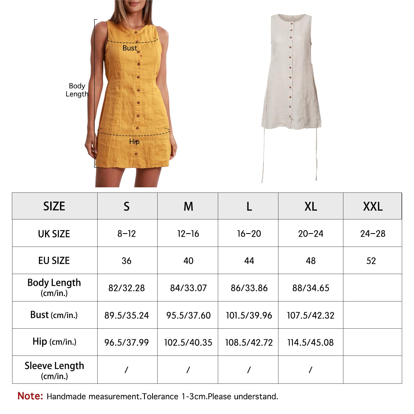 Amazhiyu Abito da donna in 100% lino, senza maniche, estivo, corto, estivo, da spiaggia, per il tempo libero, con bottoni, linea A