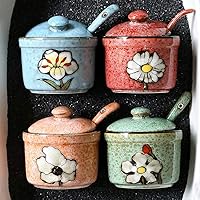 Vista 3 de VanEnjoy Retro Cuencos Redondos de Azúcar de Cerámica Pintados a Mano con Flores Recipientes de Especias Juego de Tarros de Porcelana con Cuchara