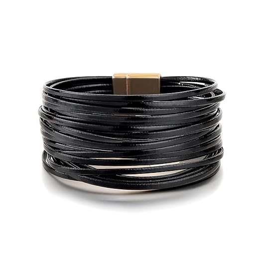 Edoneery Leather Wrap Bracelet for Women, Boho Handmade Multi-Layer Cuff with Crystal Beads Heart, Stackable Bangle Western Jewelry Gift