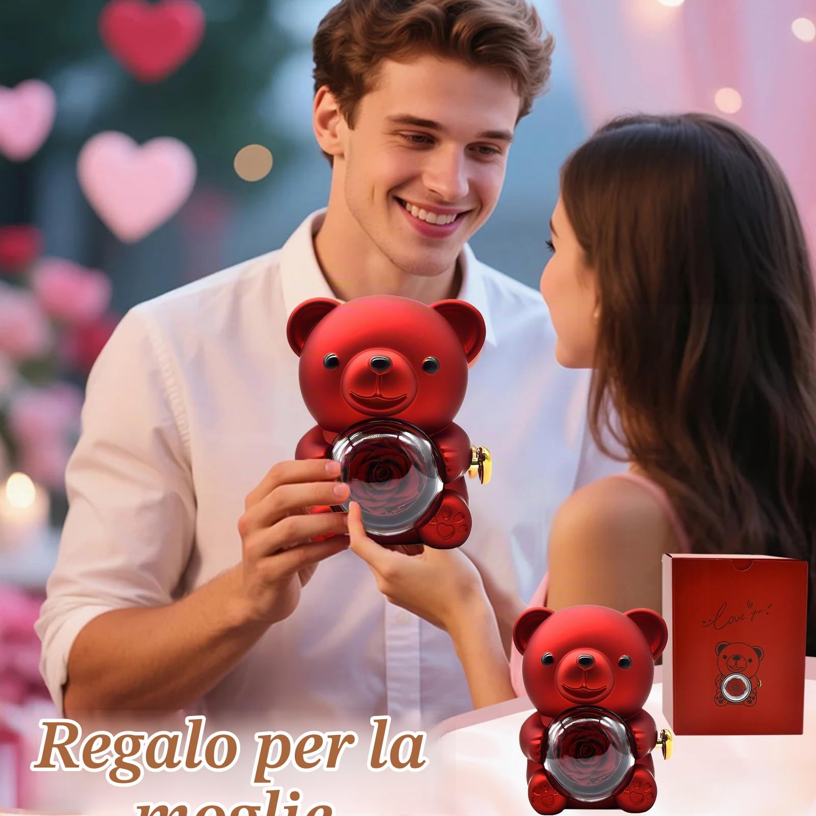 Orsetto Rosa Eterna con Collana a Forma di Cuore,Orso di rosa Eterna Confezione Regalo,Orsetto di Rose Stabilizzate con Scatola per Donna,Mamma,per San Valentino,Festa della Mamma,Anniversario (Rosso)