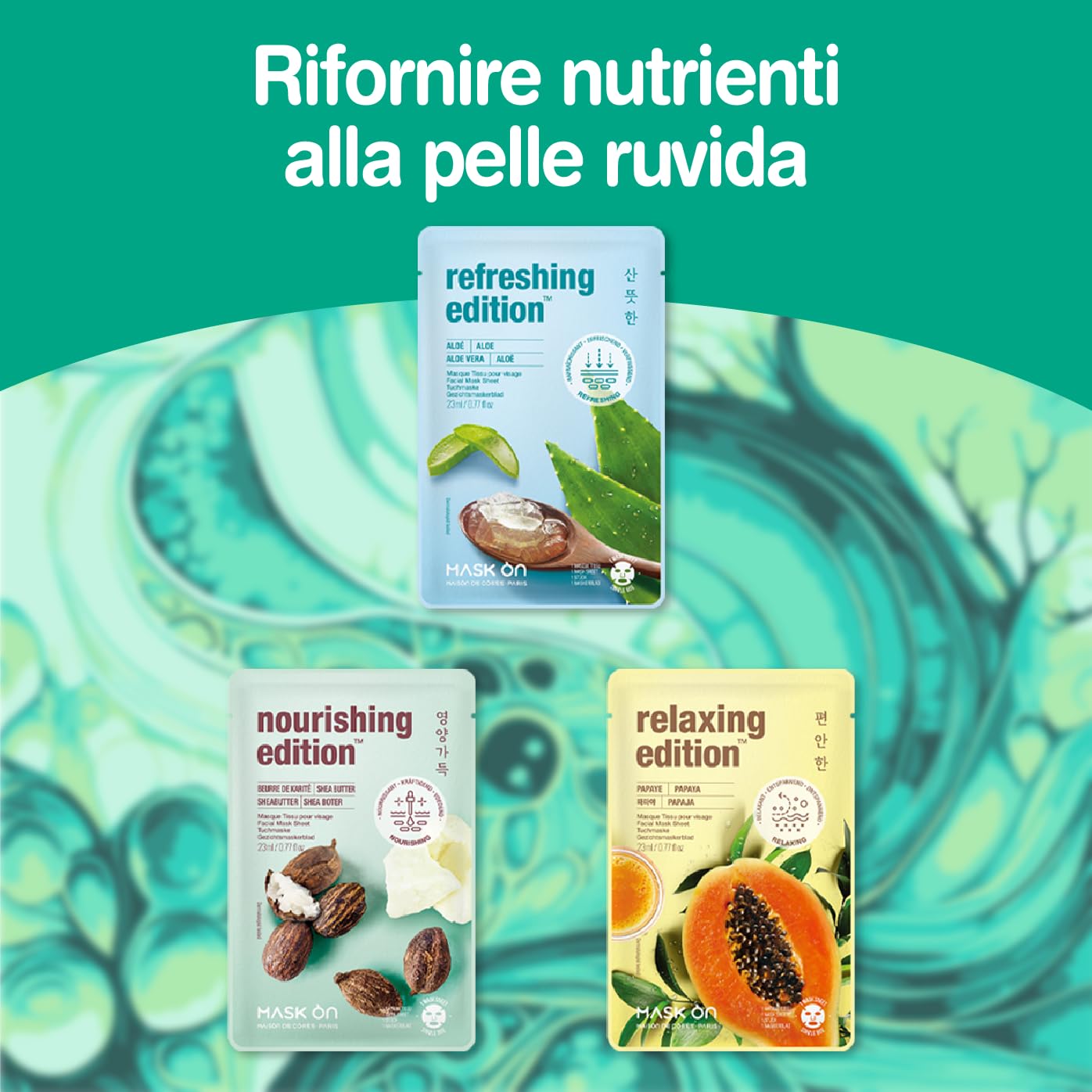 [MASK ON] Maschera viso coreana (20 PACK) - Idratante, Antietà, Lenitivo, Illuminante, Rassodante, Nutriente- Routine completa con ingredienti naturali