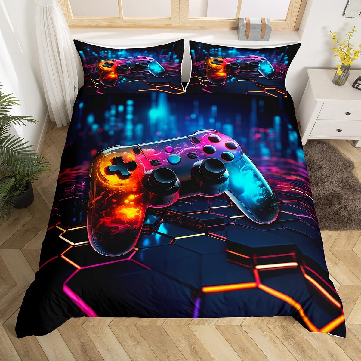 Video Games Duvet Cover Set Queen Size, Geometric Honeycomb Bedding Set 3pcs for Kids Boys Teens, Modern Gamer Gaming Comforter Cover Children Gamepad Quilt Cover with 2 Pillowcases,No Comforter