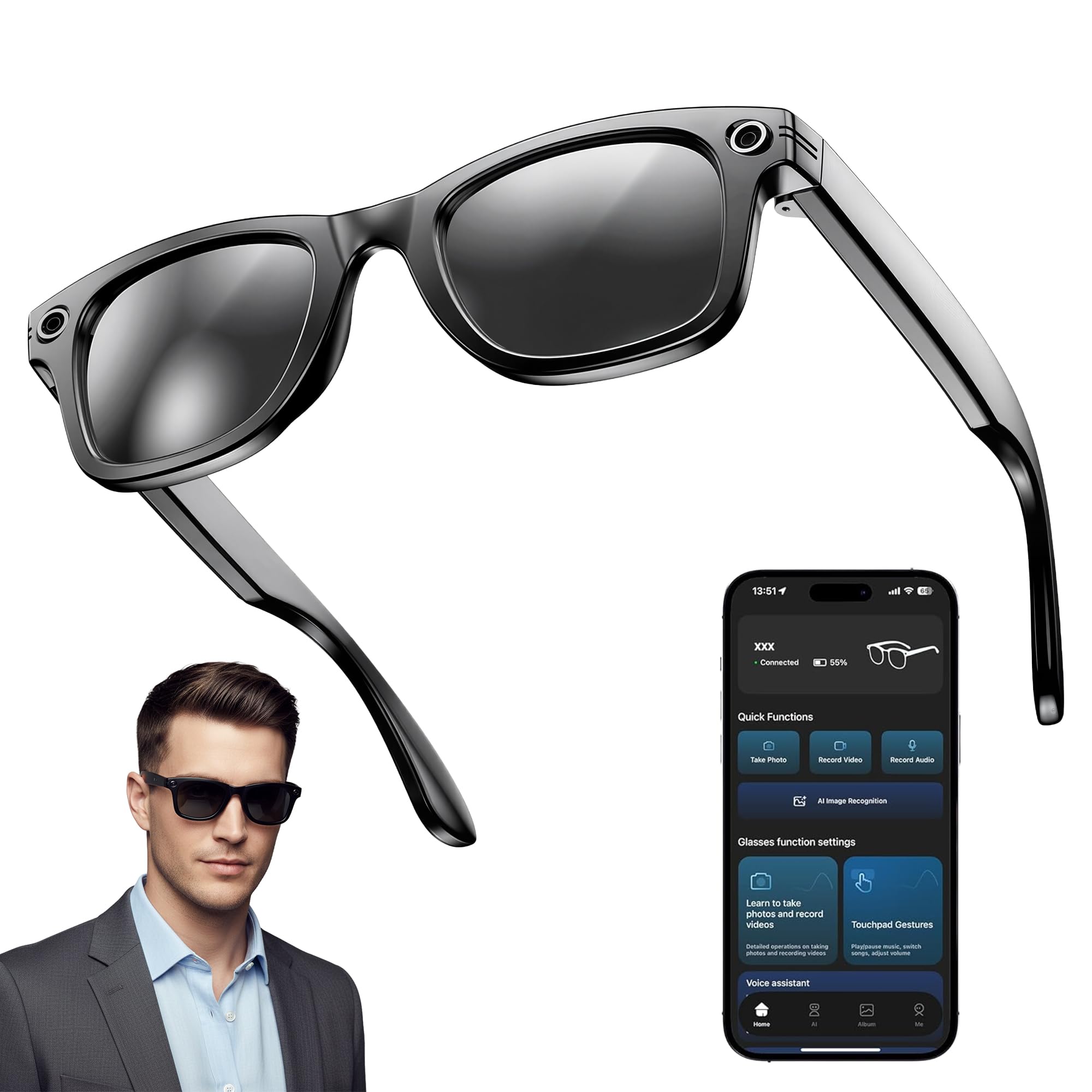Smart Glasses AI Glasses with Camera Audio AI Real-Time Translation Bluetooth Music Play AI Voice Assistant Recording AI