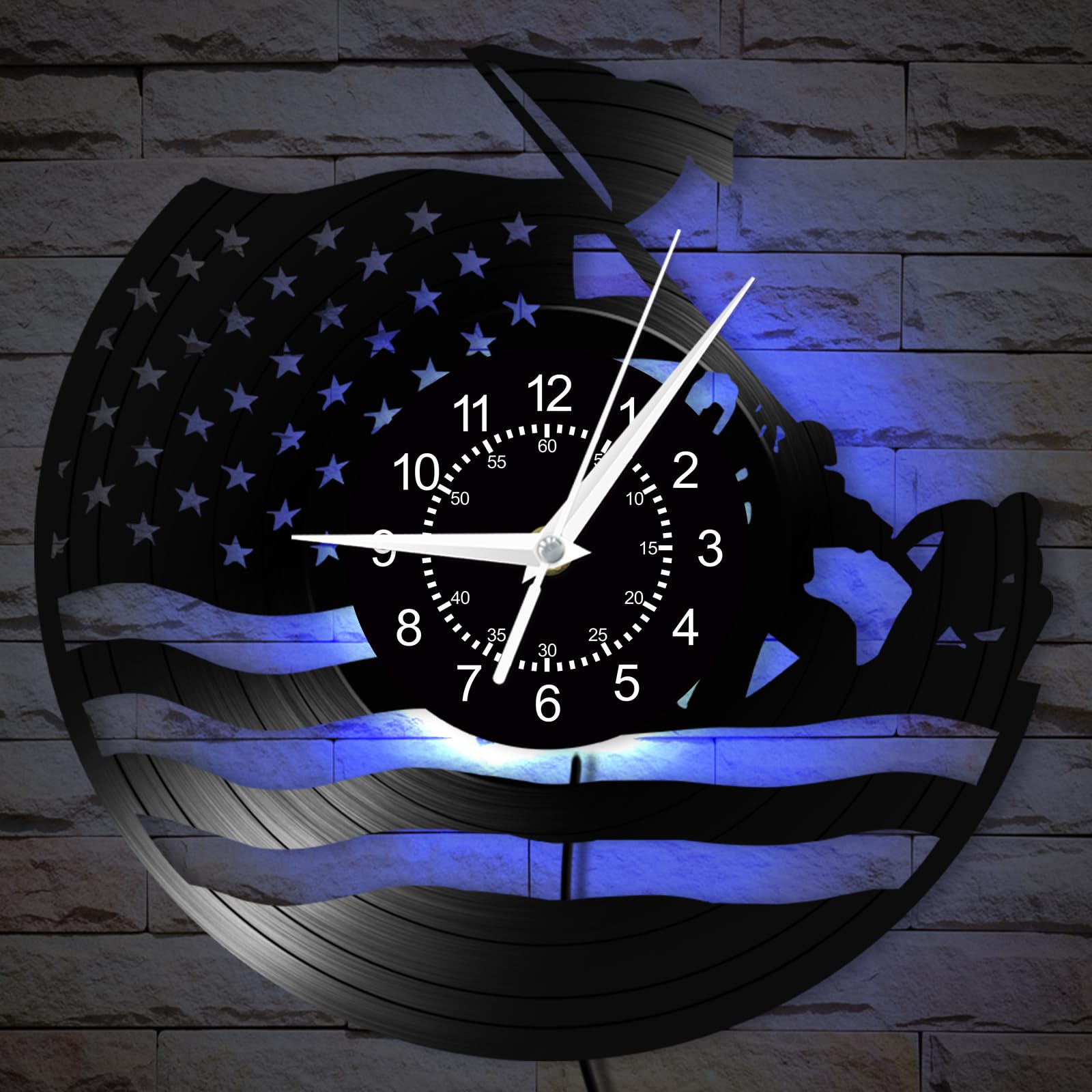 USA Flag Wall Clock, 12 Inch 7 Colors Luminous Marine Corps War Memorial Wall Clock, Silent Non Ticking Modern Decorative Vinyl Record Night Light Wall Lamp Clock for Veteran Soldier Gift