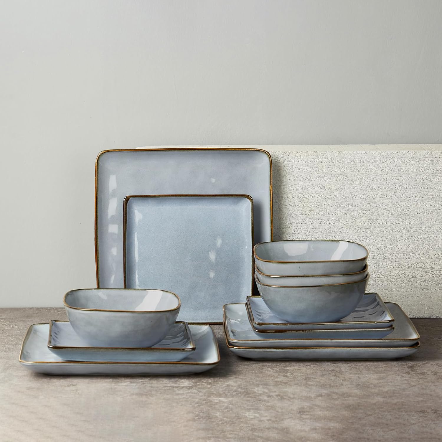 Famiware Ocean Square Plates and Bowls Sets for Kitchen, 16-Piece Dinnerware Sets for 4, Reactive Glaze, Blue