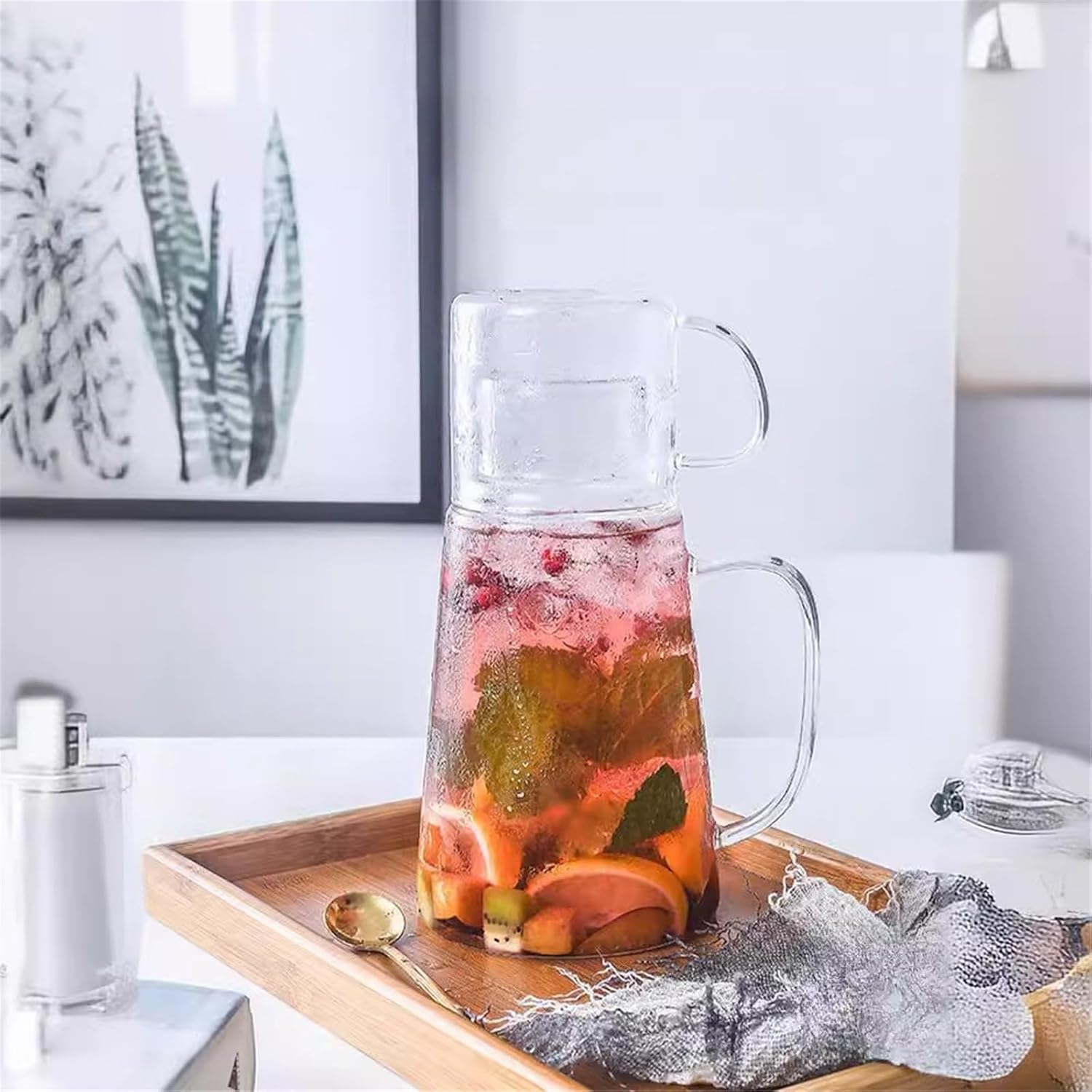 Clear Bedside Water Carafe and Glass Set, Bedroom Nightstand Glass Pitcher with Handle, Borosilicate Mouthwash Dispenser 1300ml Drinking