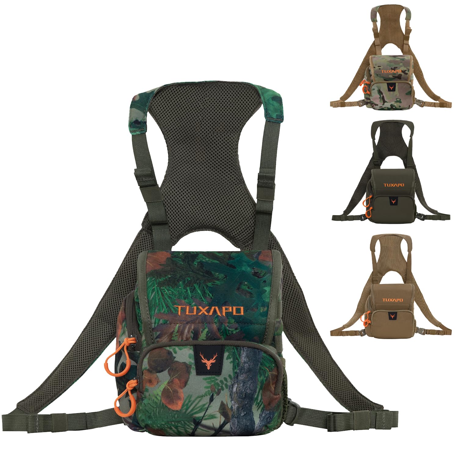 Tuxapo Binocular Harness Chest Pack Bino case Fits binoculars, rangefinder, phone for hunting, birdwatching hiking (New Camo)