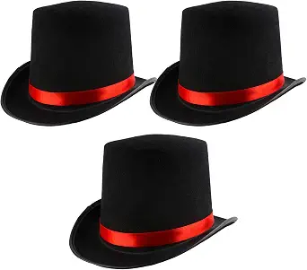 3 Pack Adult Black Felt Top Hat with Red Band for Costume and Dress Up