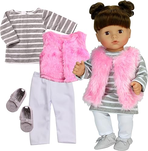 Miniatura 2 de Sophia's Conjunto de ropa y accesorios para muñecas de bebé de 15 pulgadas con vestido de camiseta a rayas, chaleco peludo, leggings blancos sólidos