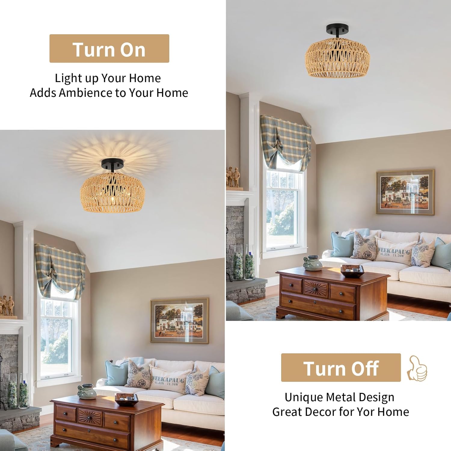 Rattan Light Fixtures Ceiling Mount, 3-Lights Farmhouse Woven Boho Semi Flush Mount Ceiling Light, Rustic Wicker Chandelier for Hallway Bedroom Kitchen Entryway