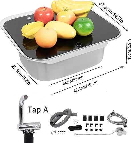 Miniatura 5 de Fregadero de cocina RV de acero inoxidable, lavabo de mano con grifo y tapa de vidrio templado, lavabo para caravana
