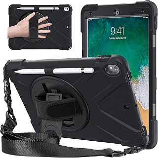iPad Air 3 10.5" 2019 Case, iPad Pro 10.5 Case 2017, Heavy Duty Carrying Rugged Protective Case with 360 Degree Rotating Stand, Handle Hand Grip Shoulder Strap for Apple Tablet Cover Skin Kids Black