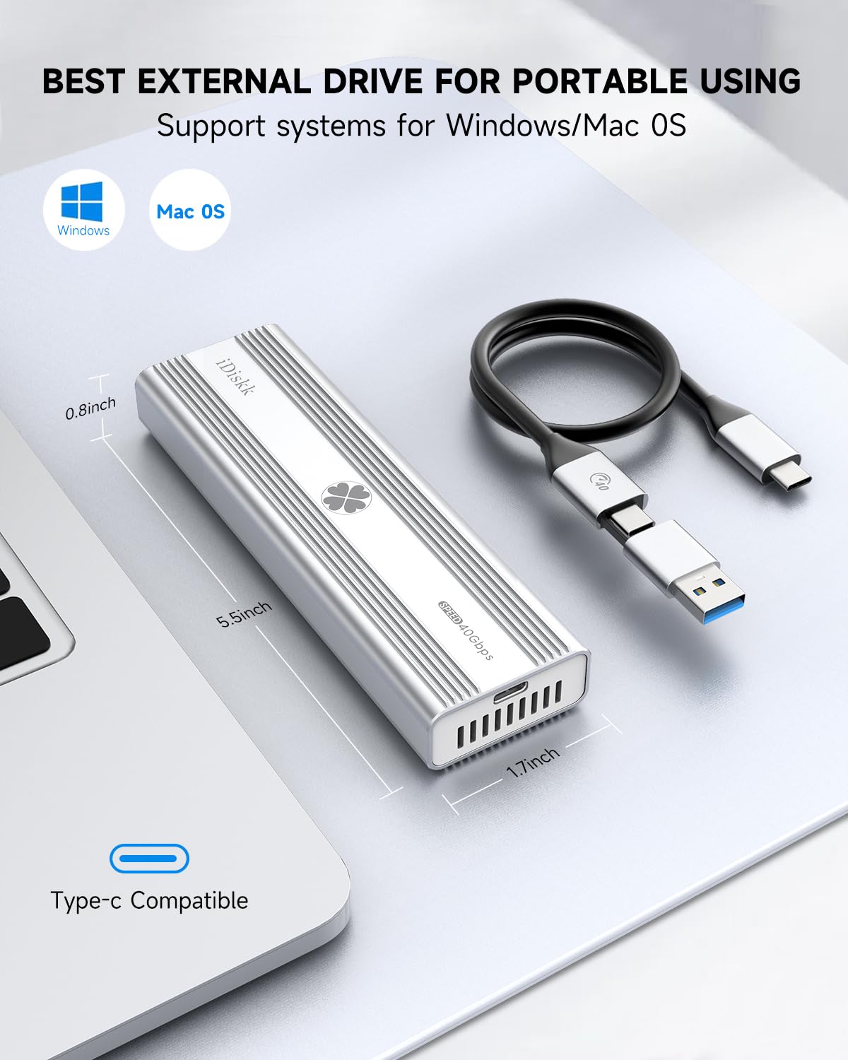 iDiskk Alloggiamento SSD M.2 NVMe professionale da 40 Gbps per M1 M2 Pro/Max, custodia esterna SSD in lega di alluminio compatibile con Thunderbolt 3/4 USB 3.2/3.1/3.0/Type C, supporta fino a 8 TB