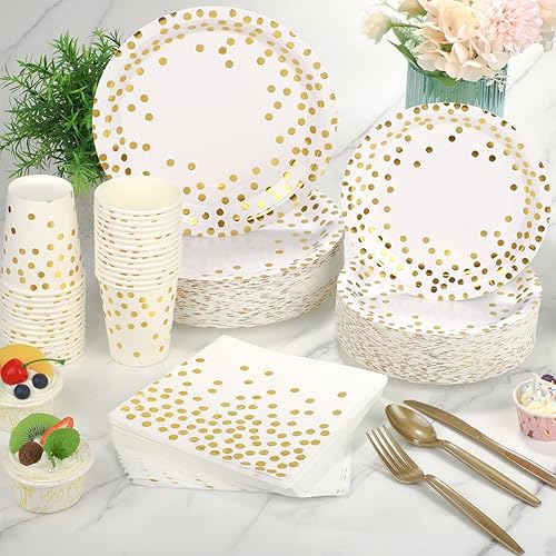 Miniatura 3 de TWOWYHI Juego de 560 piezas de suministros de fiesta de oro blanco para 80 invitados, platos de papel desechables, vasos, servilletas de plástico,