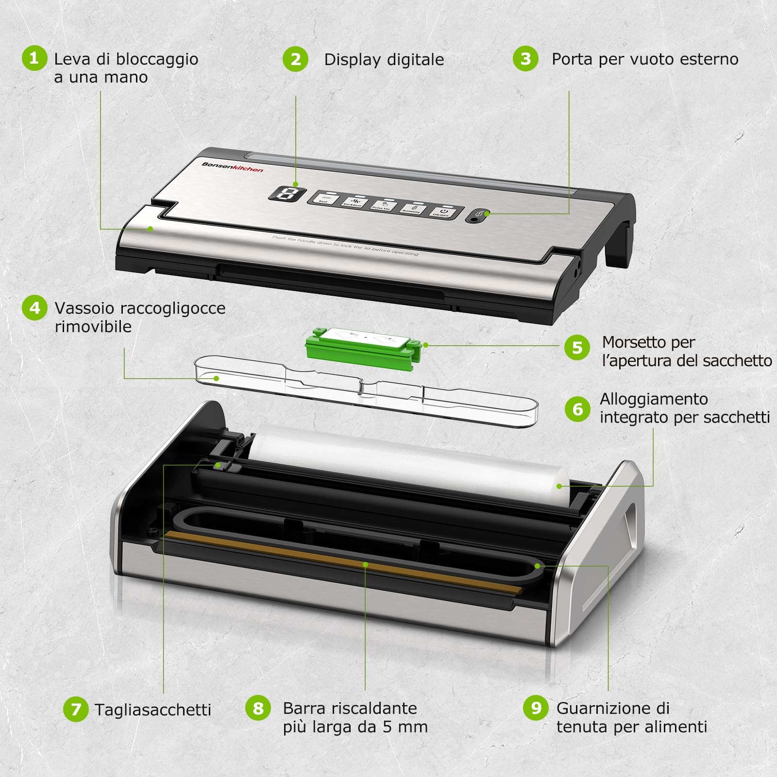 Bonsenkitchen Macchina Sottovuoto, Sigillatura Larga 5mm Antigoccia, Acciaio Inox, Una Mano & Pulse Secco/Umido, Macchina Sottovuoto ad Alte Prestazioni incl. 1 Rotolo & 10 Sacchetti, VS4200
