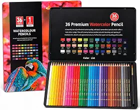 Lápis de Cor Aquarelável Profissional, Kit com 12, 24, 36 ou 72 Cores, Núcleo 3.3mm, com Estojo, para Desenho e Ilustração (36 Cores)