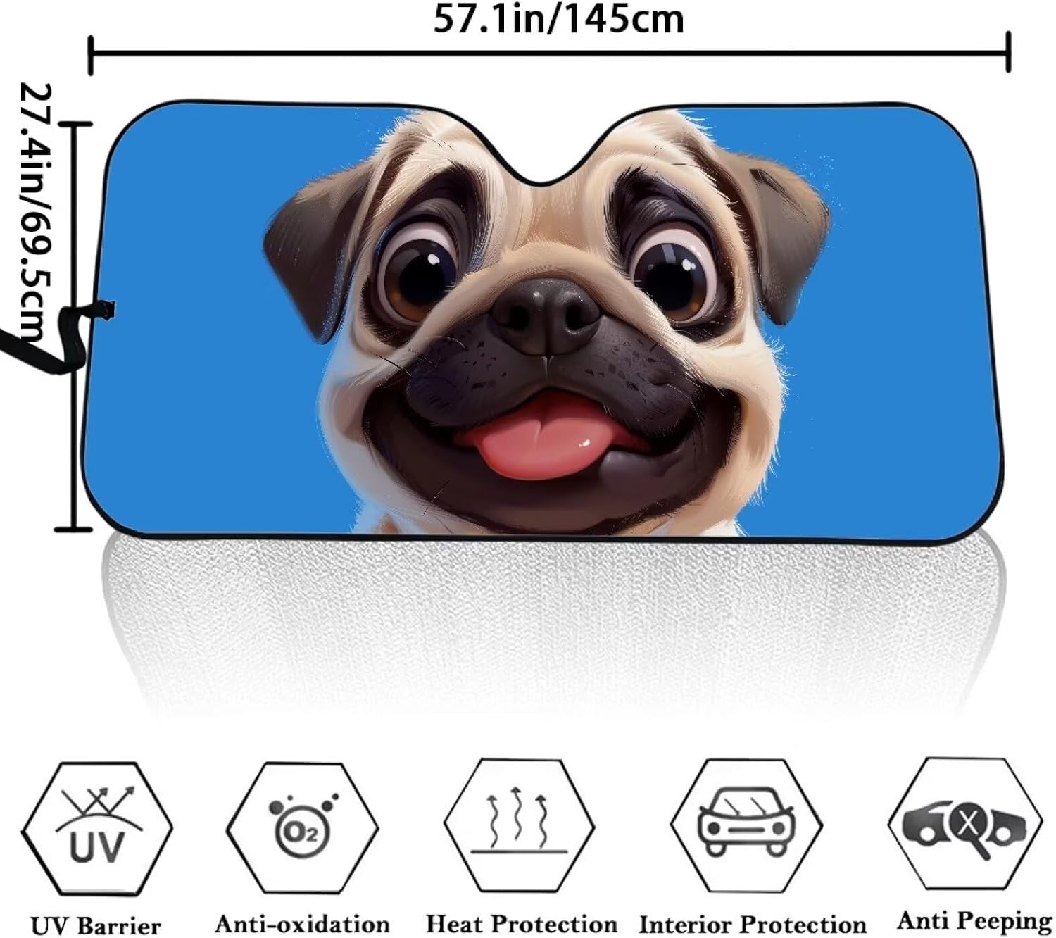 Dog Pug Blue Print Vehicle Sun Shield Block Heat and Sun UV Rays Automotive Car Windscreen Sun Reflector