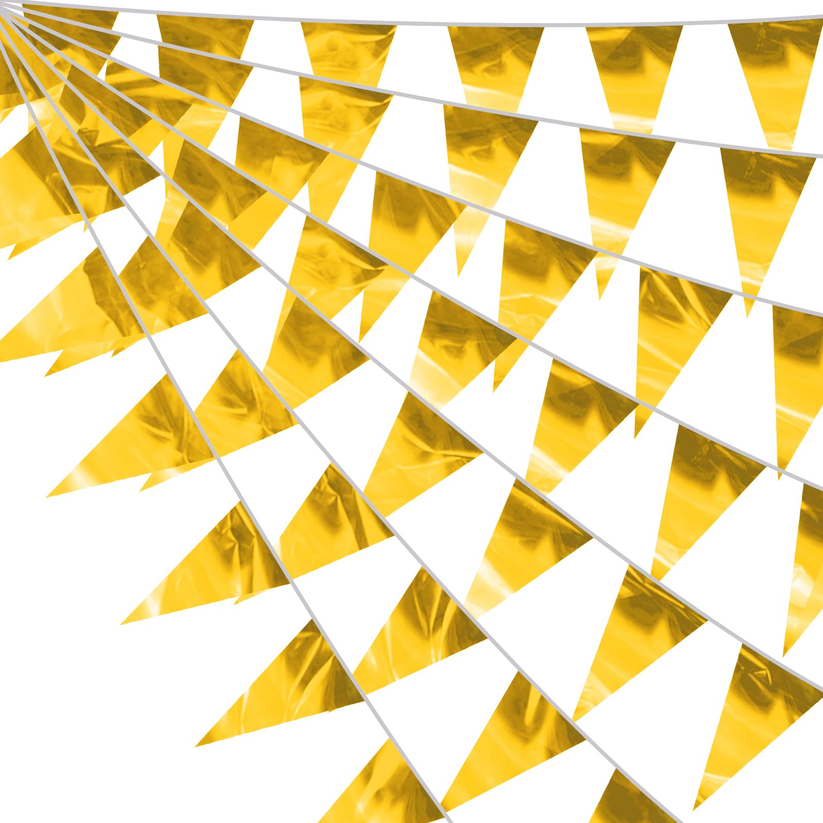 Photo 1 of 130FT Gold Glitter Triangle Pennant Banner Flag Metallic Bunting Fabric Garland for Christmas Graduation Wedding Engagement Anniversary Bachelorette Birthday Bridal Shower Valentine's Party Decor