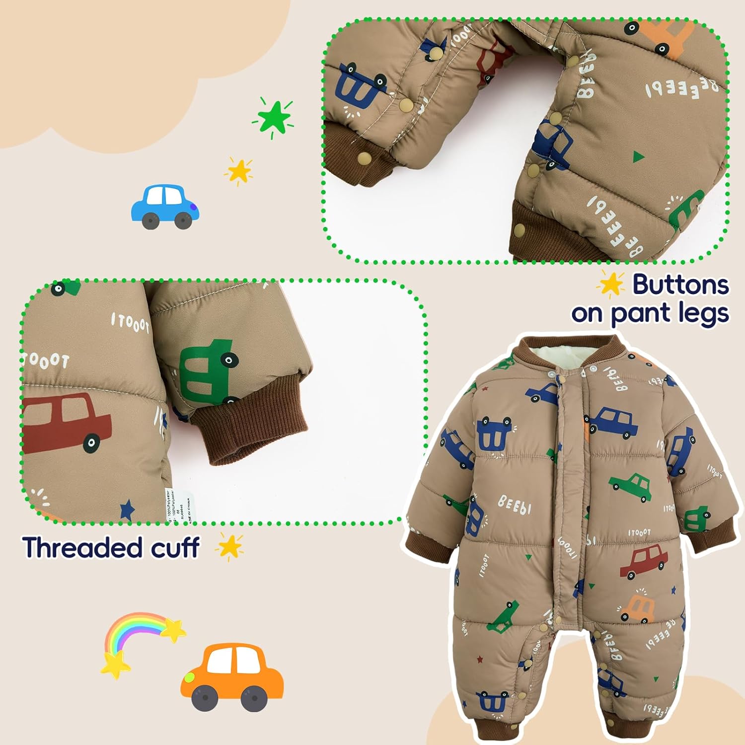 JiAmy Baby Snowsuit Baby Printed Winter Clothes Detachable Hat Warm Outfits Zipper Romper Coat Jumpsuit - Image 6