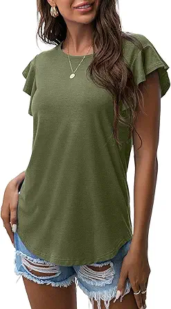 PrinStory Summer Tops Knit Shirts Casual Ruffle Short Sleeve Top Round Neck Tunic Tank Tops Tee Blouse For Women