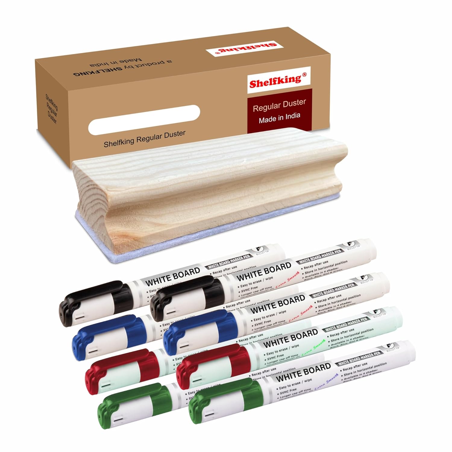 SHELFKING Wooden Duster & Marker Combo For Whiteboard & Chalkboard Use