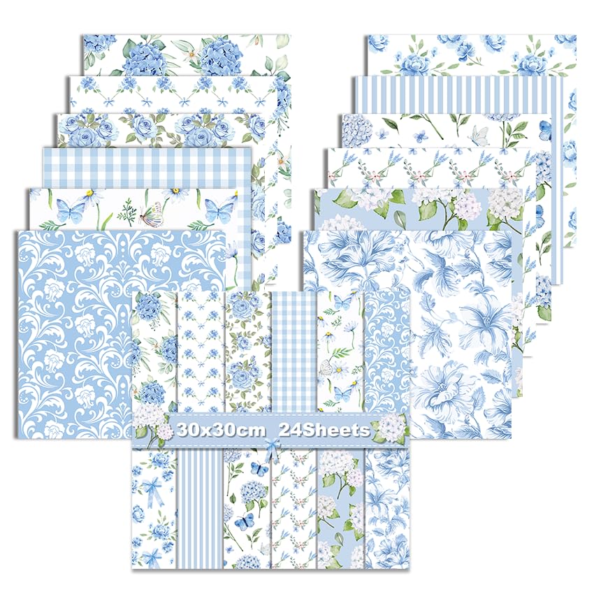 24 Sheets Scrapbook Paper, 11.8 x 11.8 inch, Flower Scrapbooking Supplies, 12 Designs Double-Sided Decorative Craft Papers for DIY Photo, Album and Scrapbook Decoration (Blue, 30x30cm)