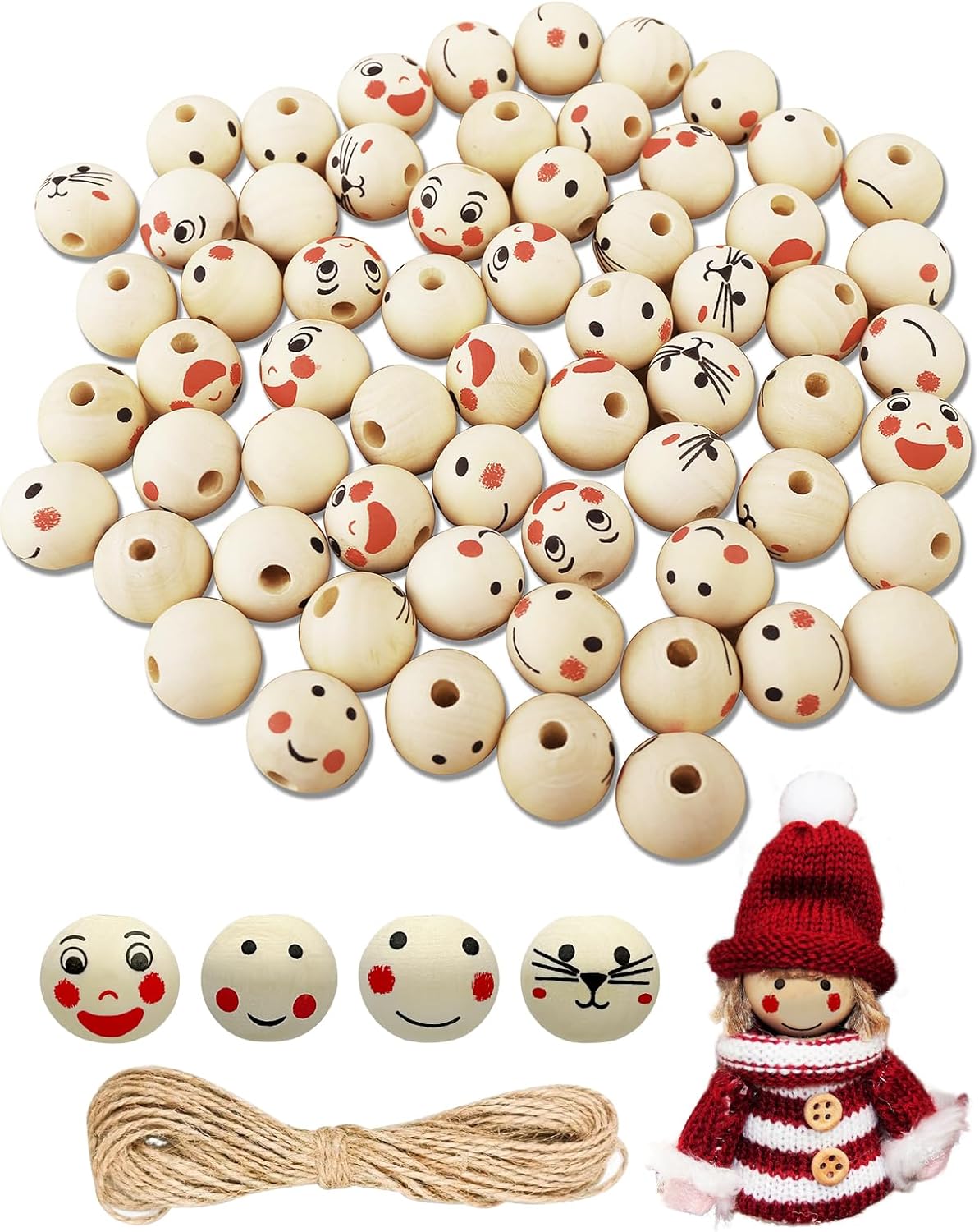 60 Perles en Bois avec Visage, 4 Styles Sourire Visage perle en bois