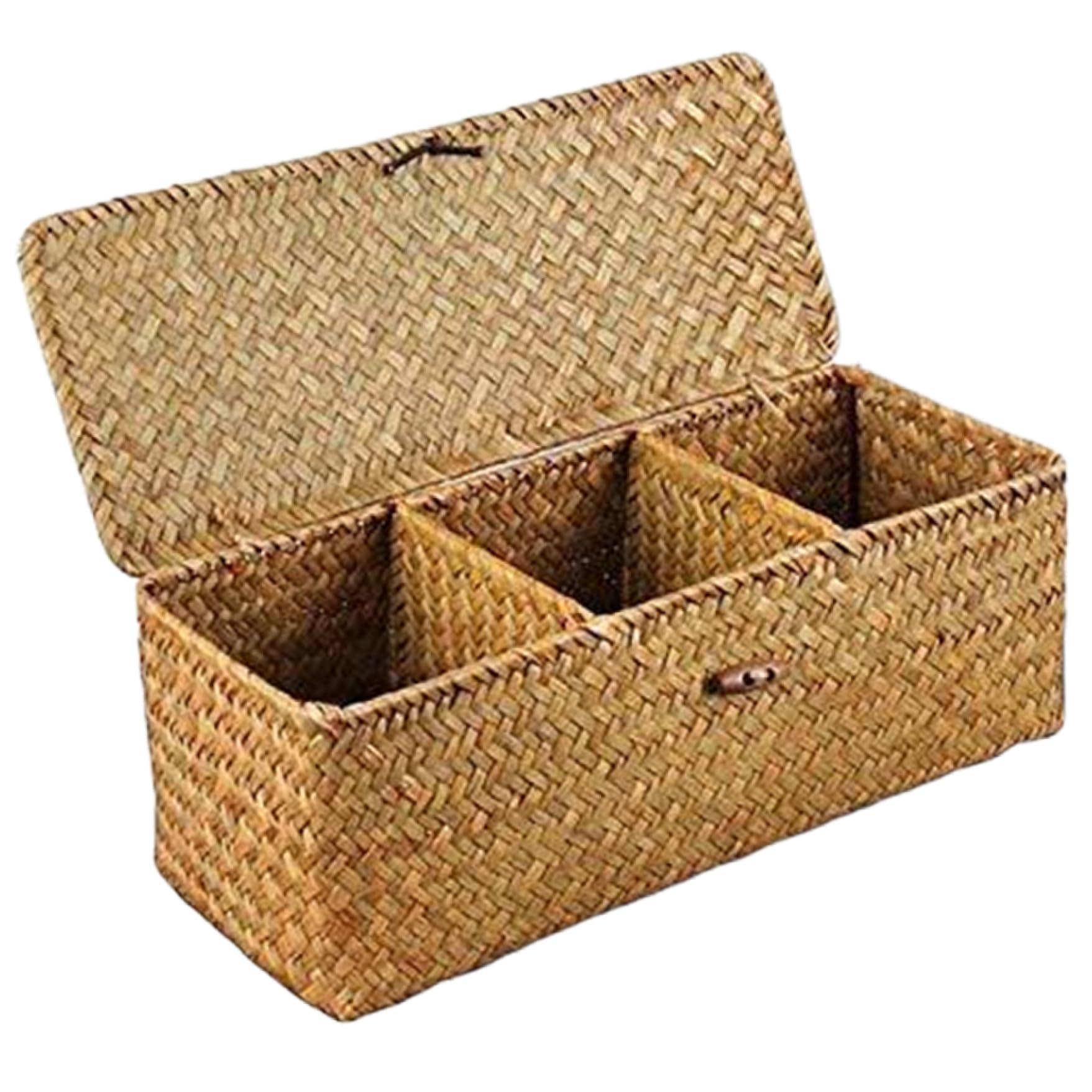 Xoeryoy Wicker Basket with Lid, 13x5x4 3-Section Wicker Storage Basket, Rectangular Woven Toilet Roll for Desktop Organizing Snack Toys Makeups