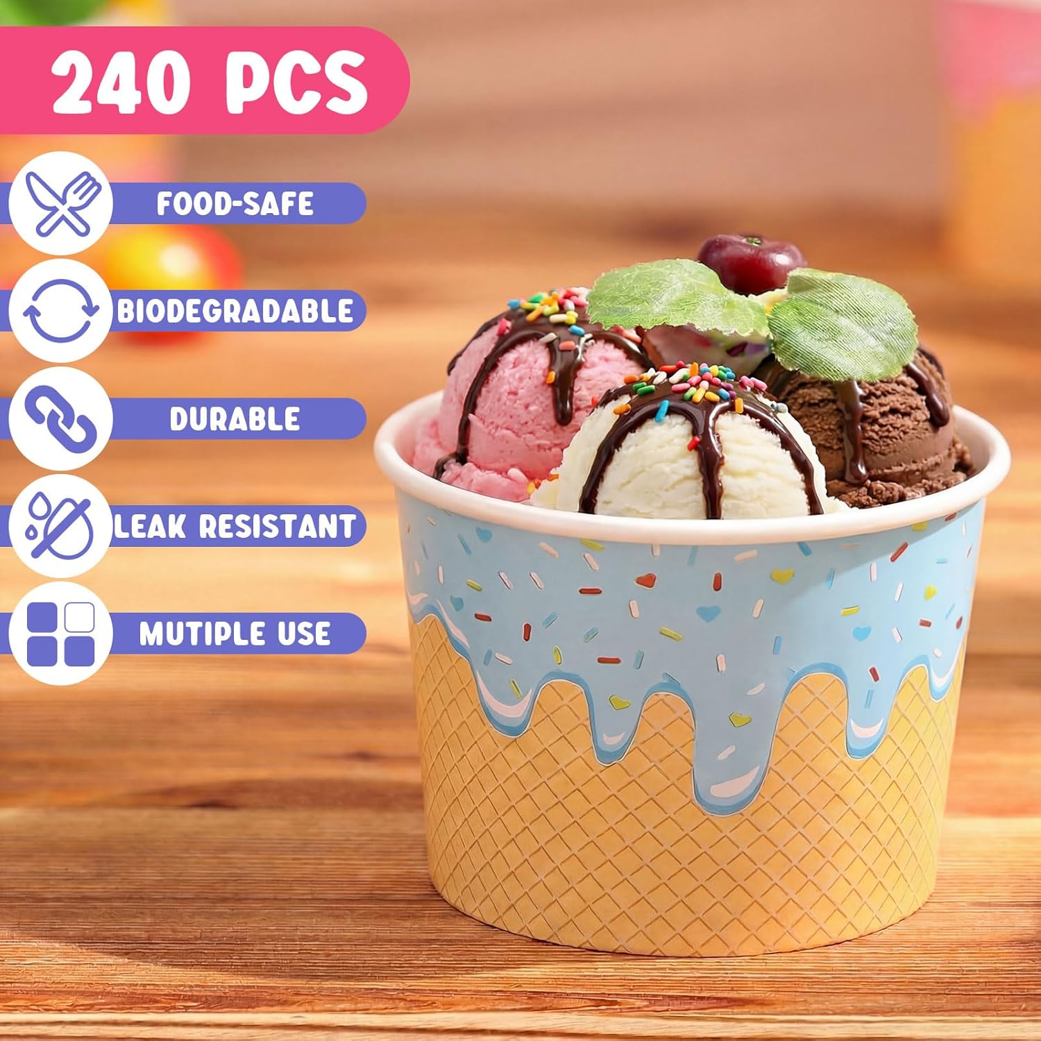 Jingmore 240 Pcs Ice Cream Bowls Paper Ice Cream Cups 4/6/8 oz Containers Bulk 6 Colors Disposable Sundae Bowls for Dessert Frozen Yogurt Birthday Summer Baby Shower Party Bar Supplies (6 oz)