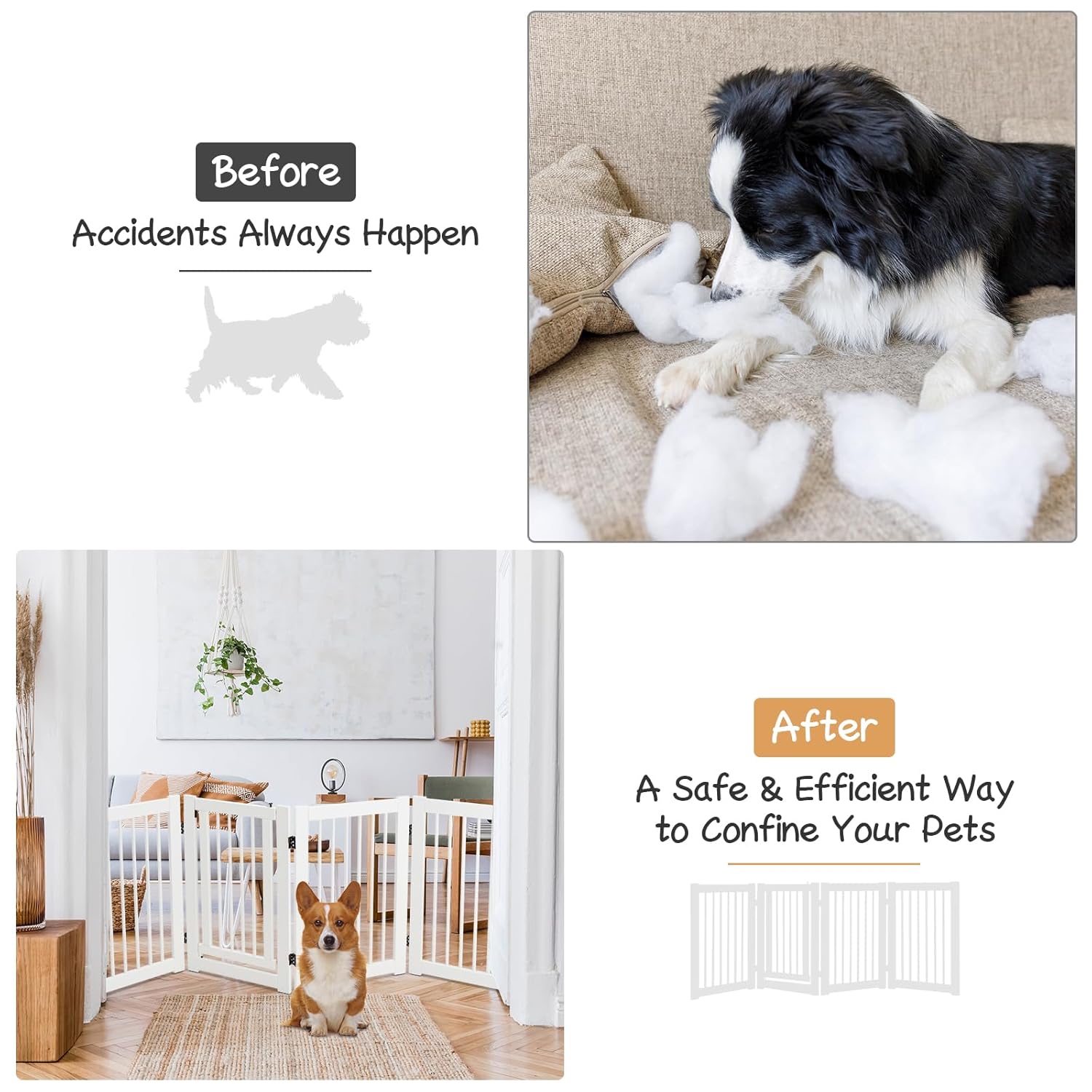 PETSITE Indoor Dog Gate with Walk Through Door, 30 x 80 inch Freestanding 4-Panel White Wooden Pet Gate, Foldable Indoor Dog Puppy Fence for Doorway Stairs Yard