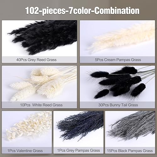 Miniatura 4 de 102 piezas de decoración de hierba de pampa negra y blanca, hierba de pampa seca natural a granel, ramo de decoración bohemia para el hogar