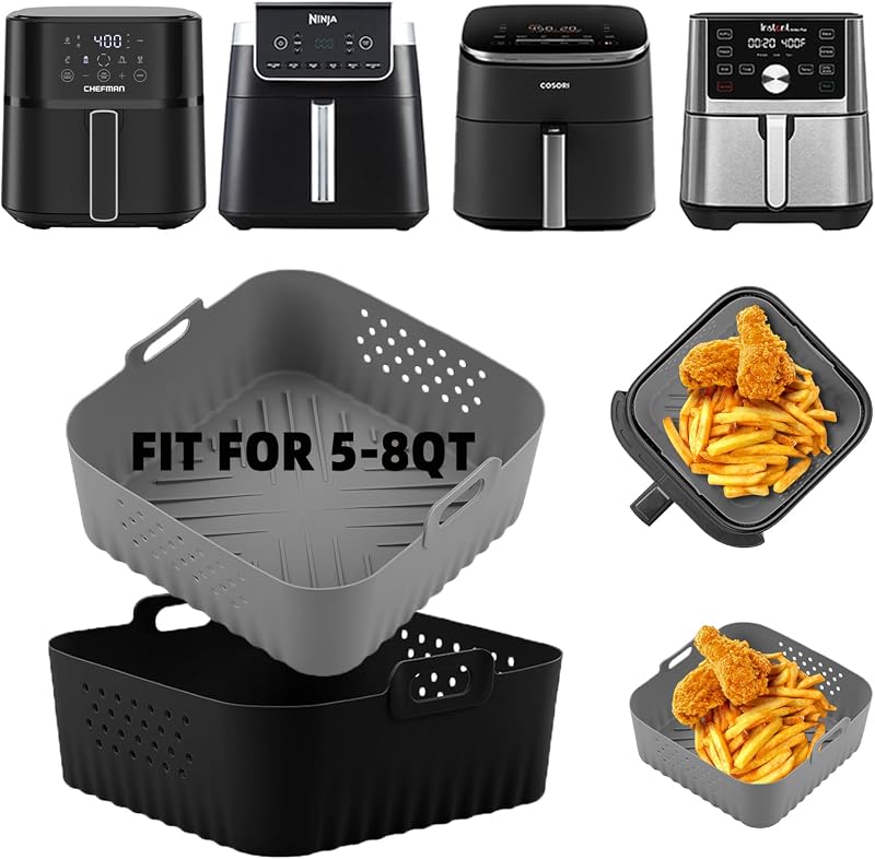 Revestimientos de silicona para freidora de aire COSORI 9 en 1 5QT 5.8QT 6QT 6.8QT, 2 piezas de revestimientos cuadrados reutilizables para freidora Ninja/Instant Pot Vortex Plus/Paris Hilton/Chefman/Cuisinart/Gourmia 6QT