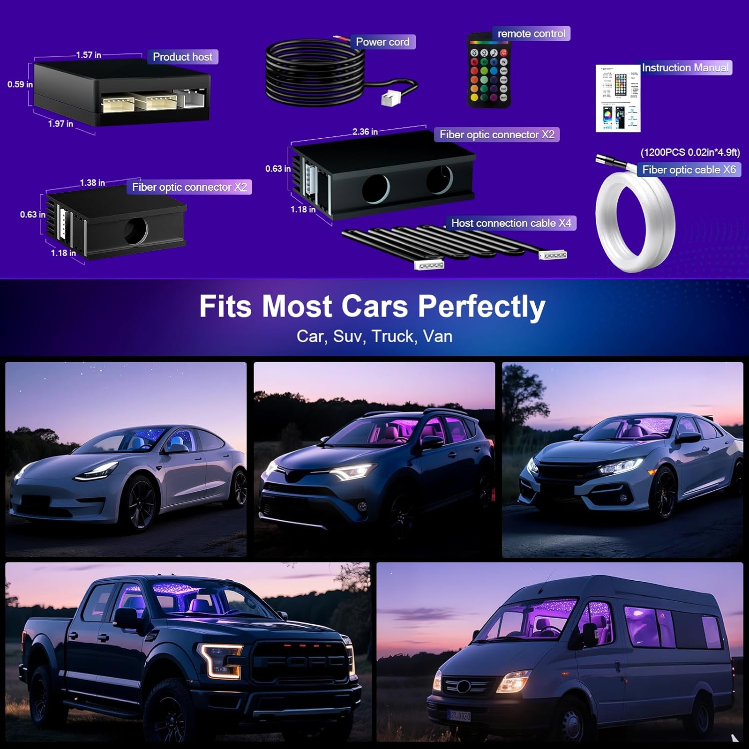 Split Starlight Headliner Kit - 1200pcs 0.02in 4.9ft Fiber Optic RGBW Star Lights for Car with 6 Light Heads 16W Engine Easy to Hide,Flexible Wiring,APP/Remote Control for Car Roof Ceiling
