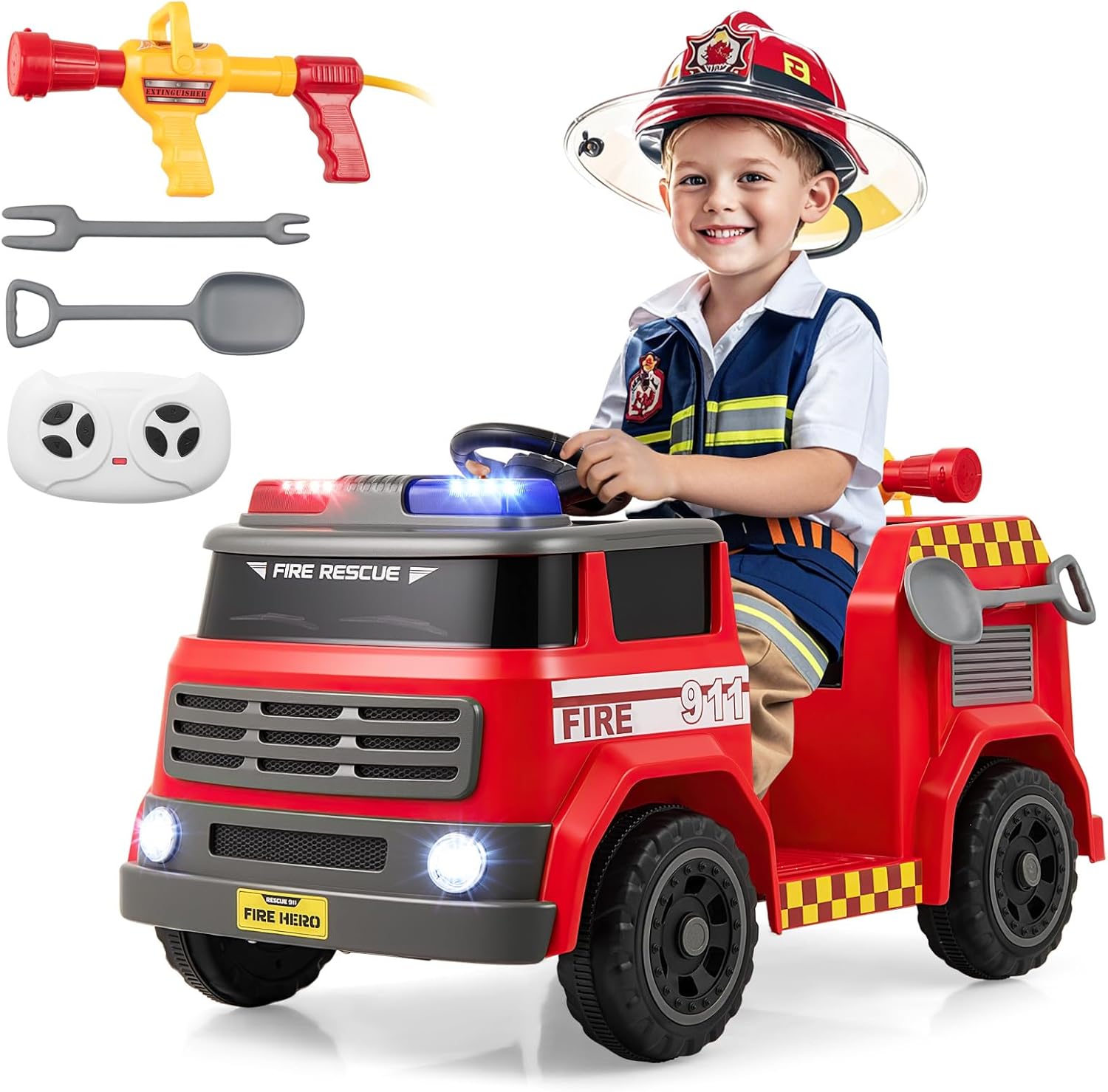 Costzon Kids Ride on Fire Truck, 12V Battery Powered Fire Car Toy w/Water Gun & Tank, Remote Control, Interphone, Shovel, Wrench, Music, Alarm Lamp & Siren-Call, Electric Vehicle Gift for 37-95 Months
