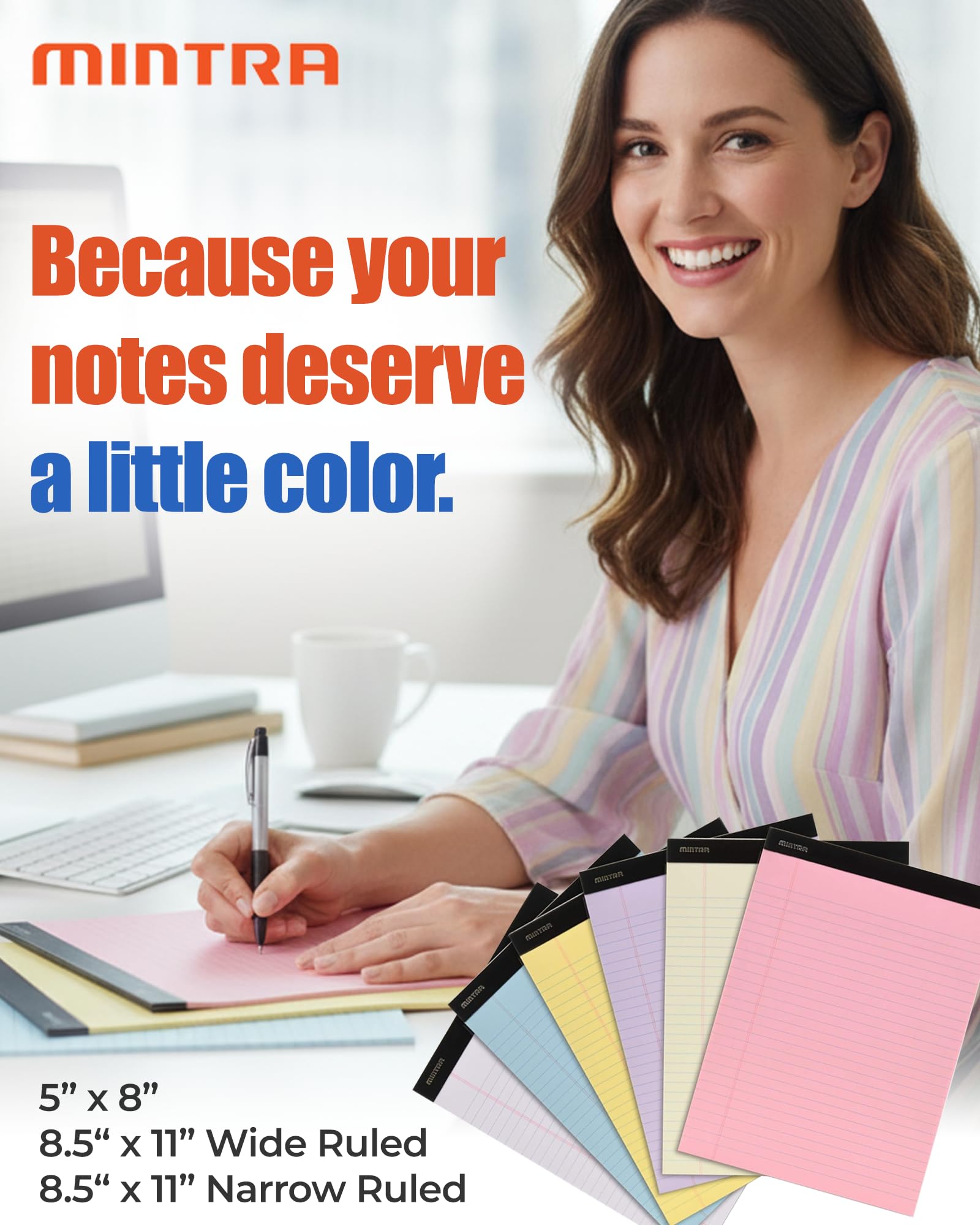 Mintra Office Bunte Legal Pads - Enthält 2 blaue, 2 rosa und 2 grüne Schreibblöcke, mikroperforierte linierte Blätter, ideal für den professionellen und persönlichen Gebrauch, 21,6 x 27,9 cm schmal